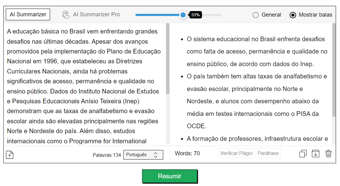 Print da ferramenta Text Summarizer: Teste de tópicos.