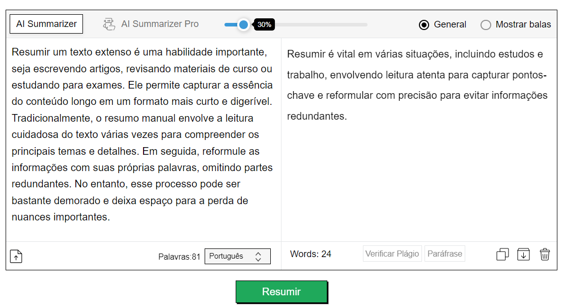 Print da ferramenta Text Summarizer: Teste de comprimento.