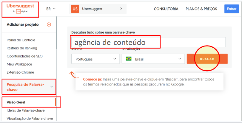 Print da ferramenta Ubersuggest.